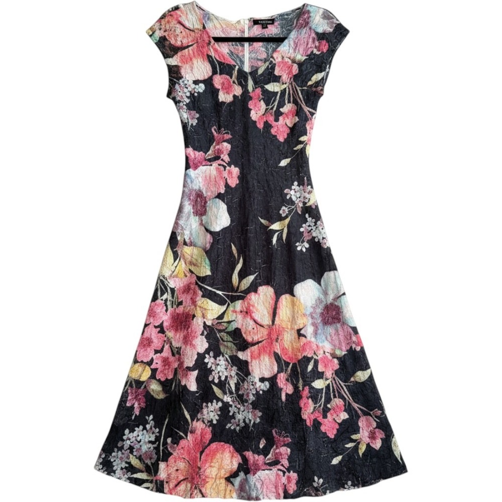 Komarov Floral Crinkle Midi Dress Large‎ Blue Pink Lace Cap Sleeve Cottagecore